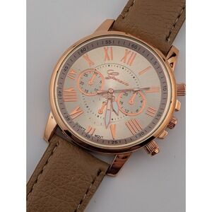 Geneva Watch Women 40mm Rose Gold Case Brown Faux Leather Band- New Battery